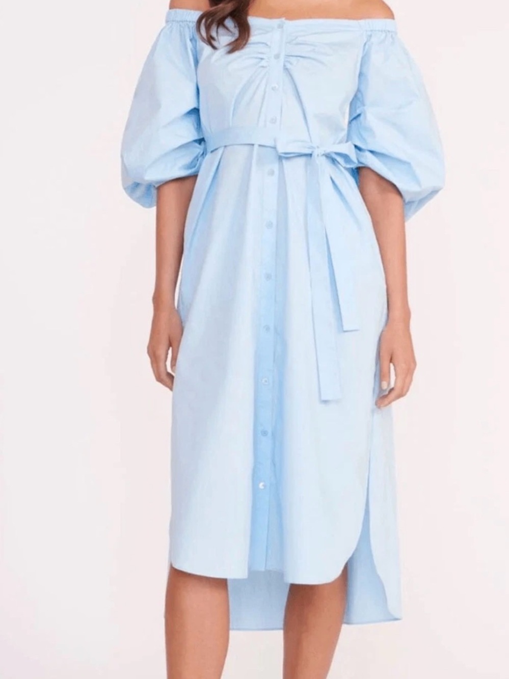 Staud Off-The-Shoulder Puff Sleeve Midi Dress - Light Blue